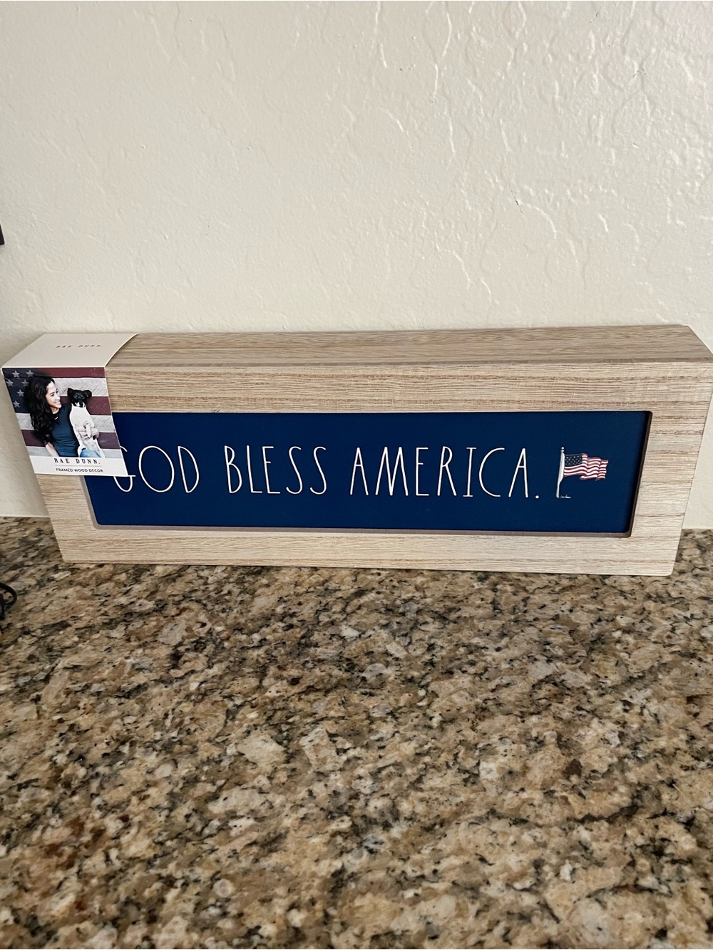 Rae Dunn Navy and Natural Wood "God Bless America" Framed Sign